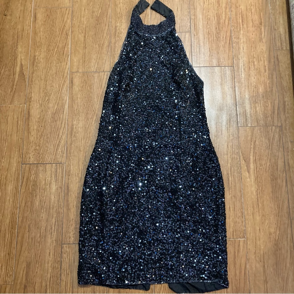 Vintage 80’s “Sténay” Black Sequin Halter Mini Dress Silk Sz 4 Blue Velvet